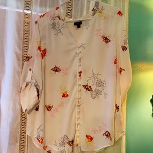 White with butterfly pattern button down shirt